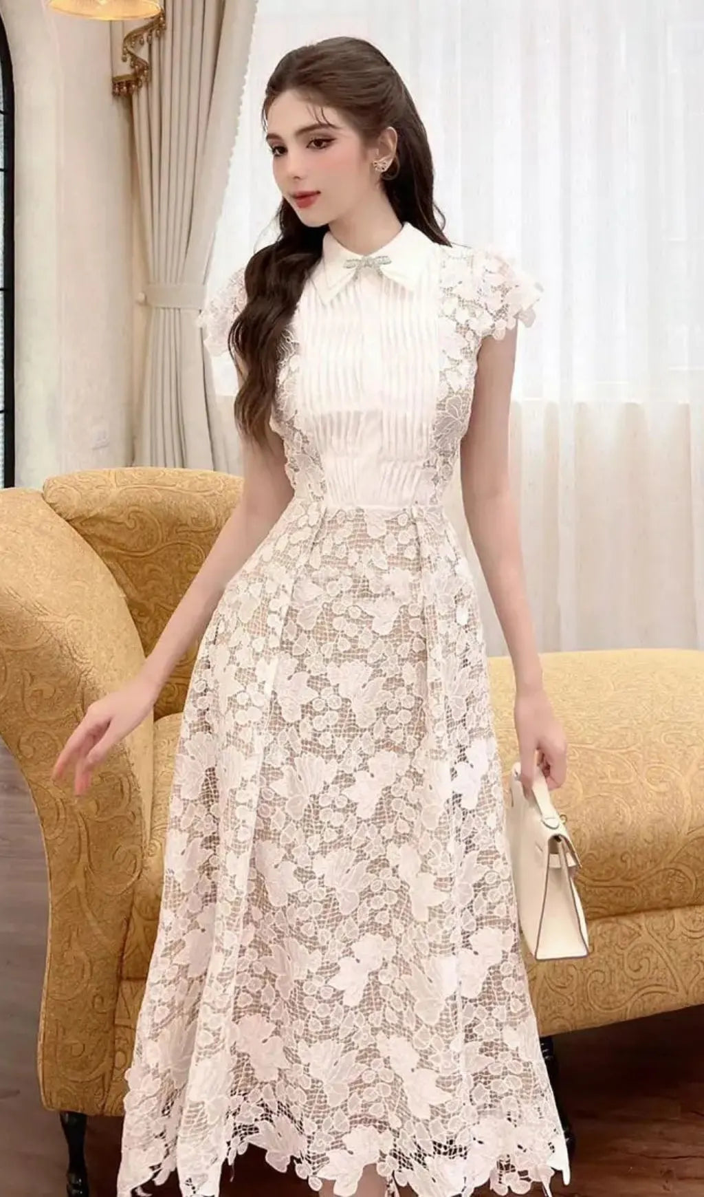Leila White 3D Flower Embroidery Bow Lace Midi Dress Flowering Girl