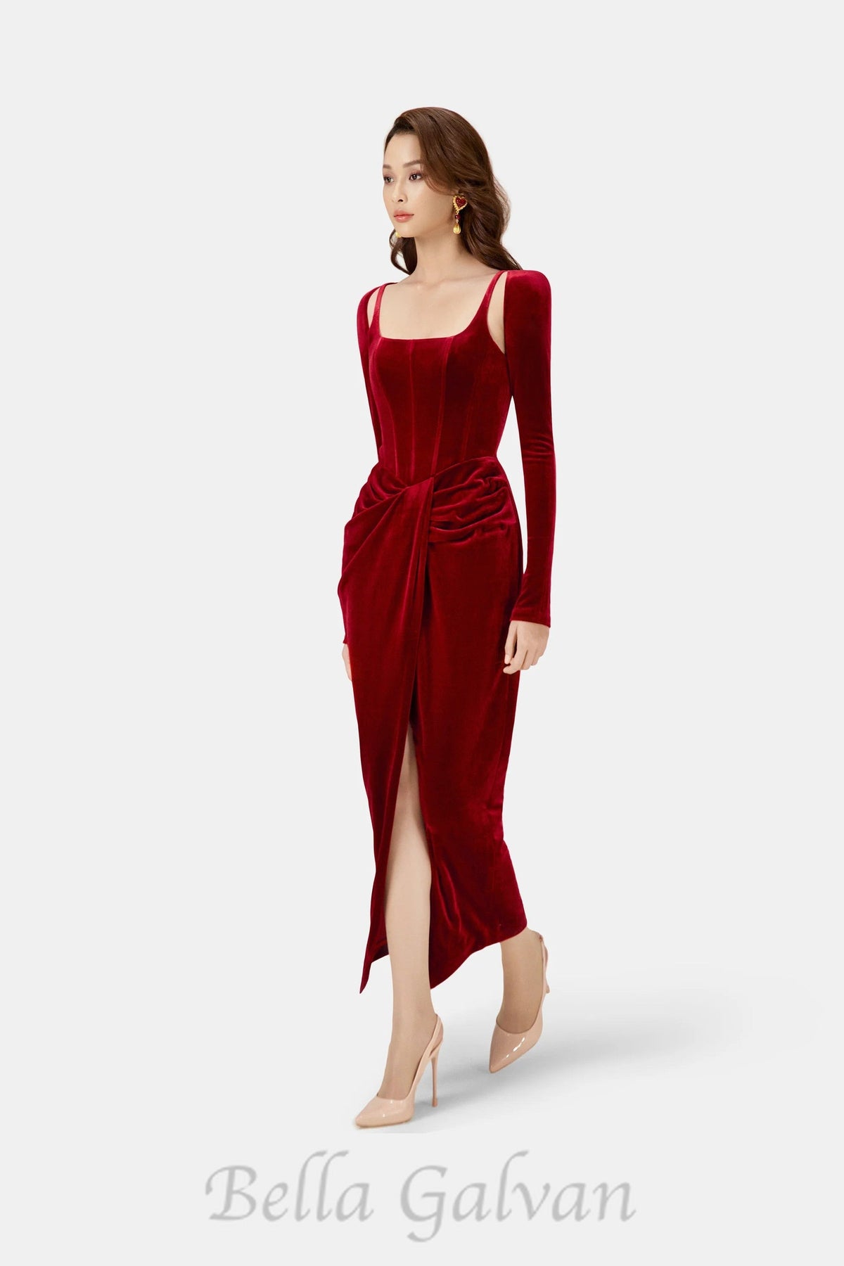 Bordeaux Velvet Draped midi Dress Flowering Girl