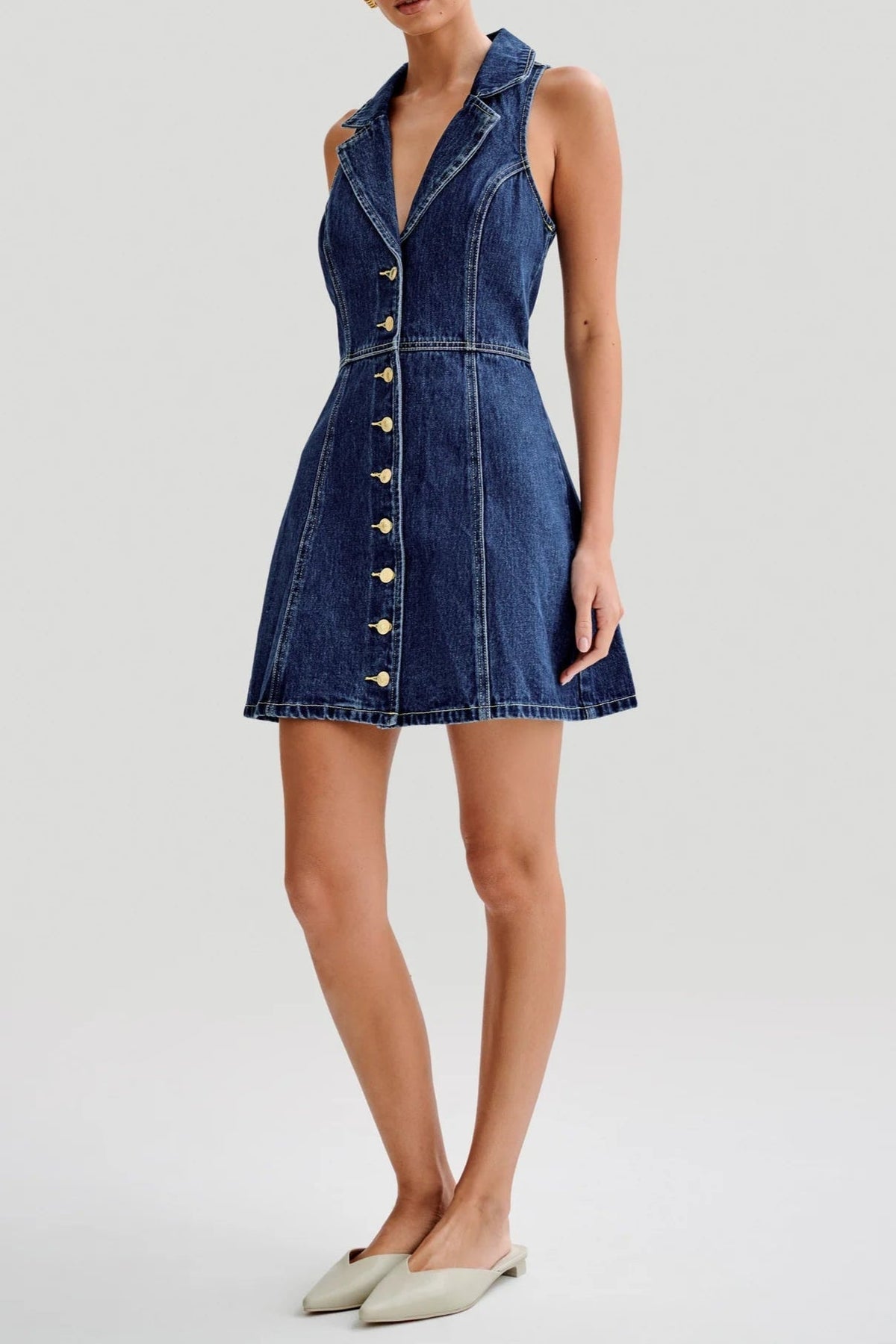 Eartha Collared Denim Mini Dress - Dark Blue Flowering Girl