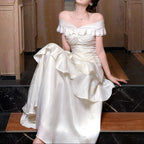Off Shoulder Twist Ruched Tiered Ruffle Satin Maxi Dress Flowering Girl