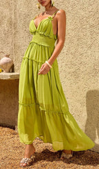Saelvion Spaghetti Maxi Dress In Chartreuse Flowering Girl
