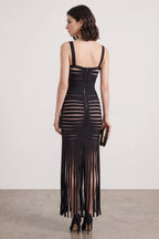 Black Bandage Knit Fringe Maxi Dress Flowering Girl