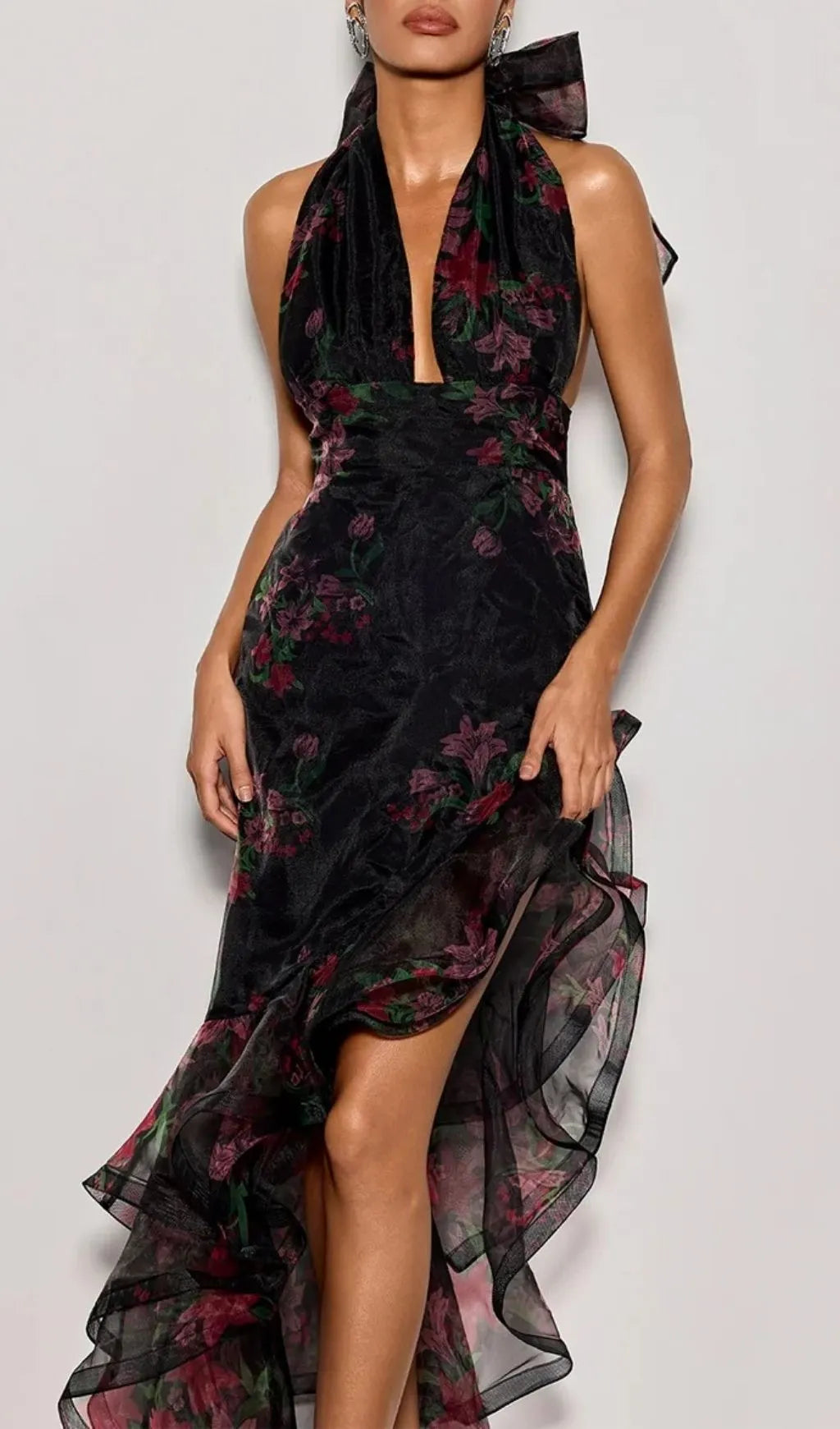 Cynna Halterneck Floral Ruffle Maxi Dress Flowering Girl