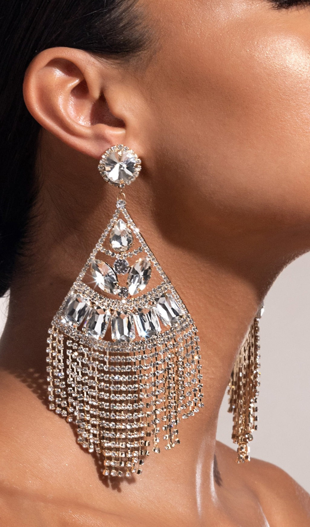 Gold Statement Crystal Drop Tassel Earrings Flowering Girl