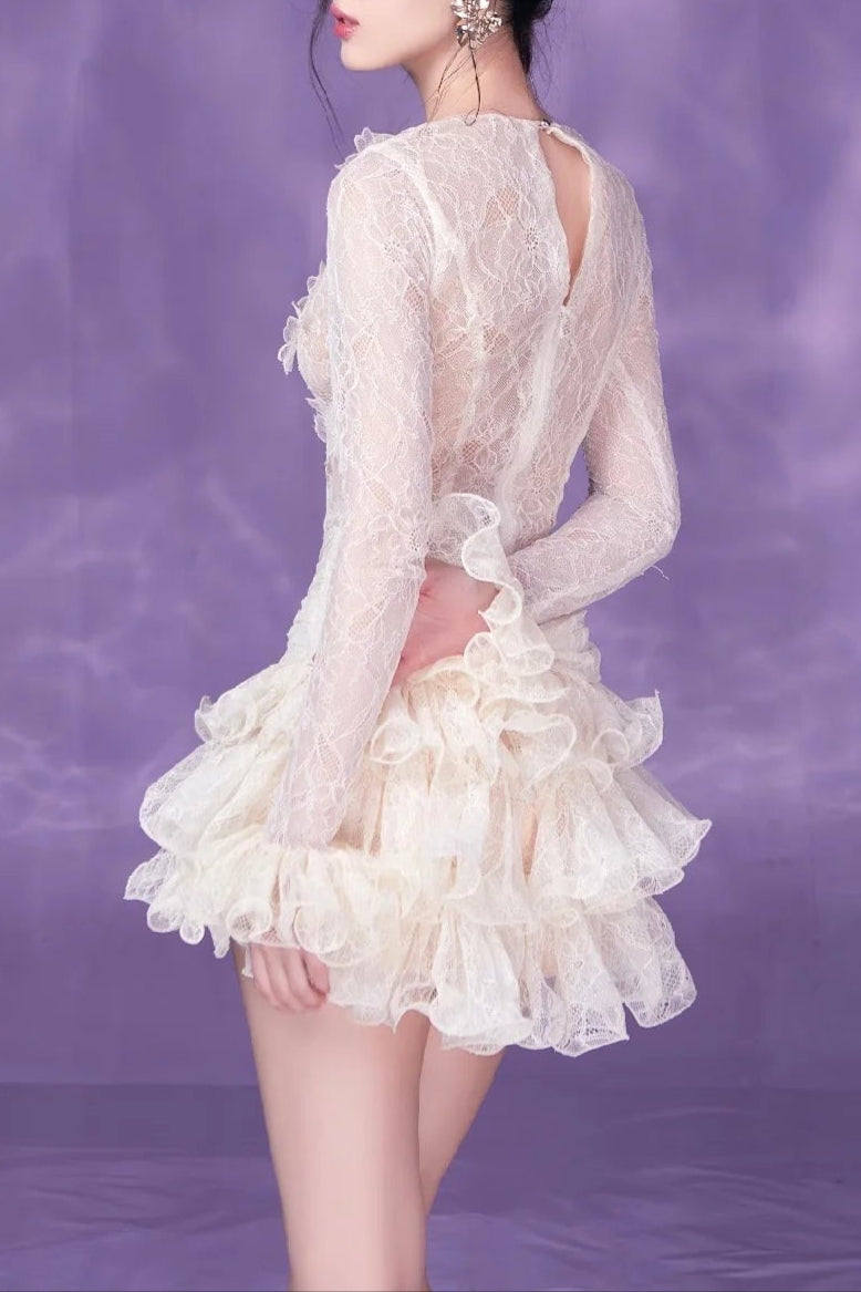 Eudora Lace Embroidery Ruched Trim Mini Dress In White Flowering Girl