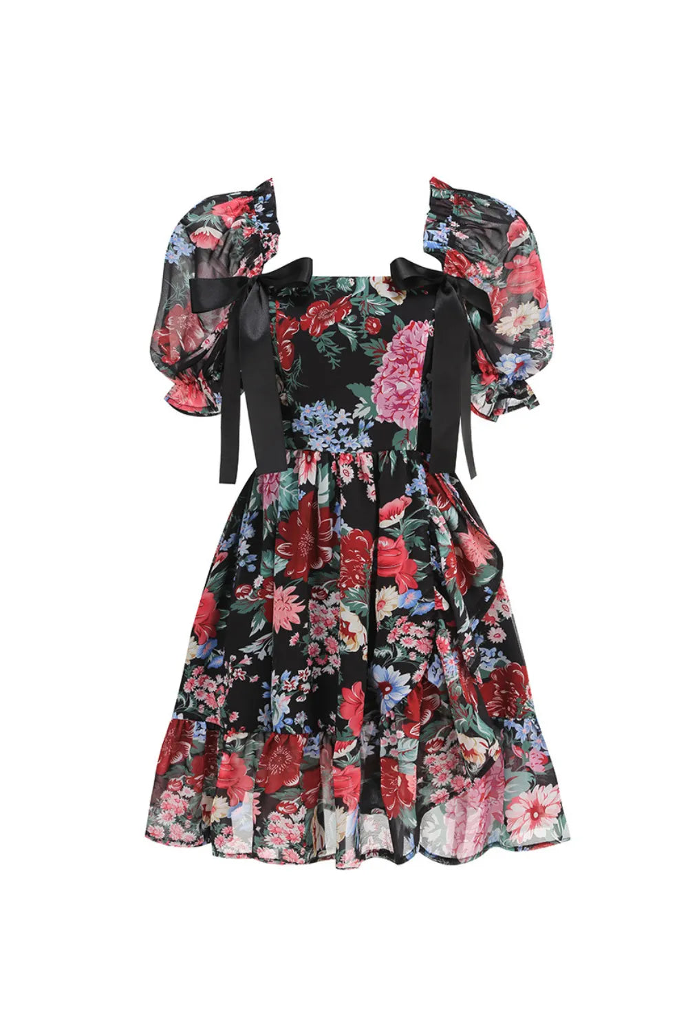 basia floral print ruffle trim hem puff mini dress Flowering Girl