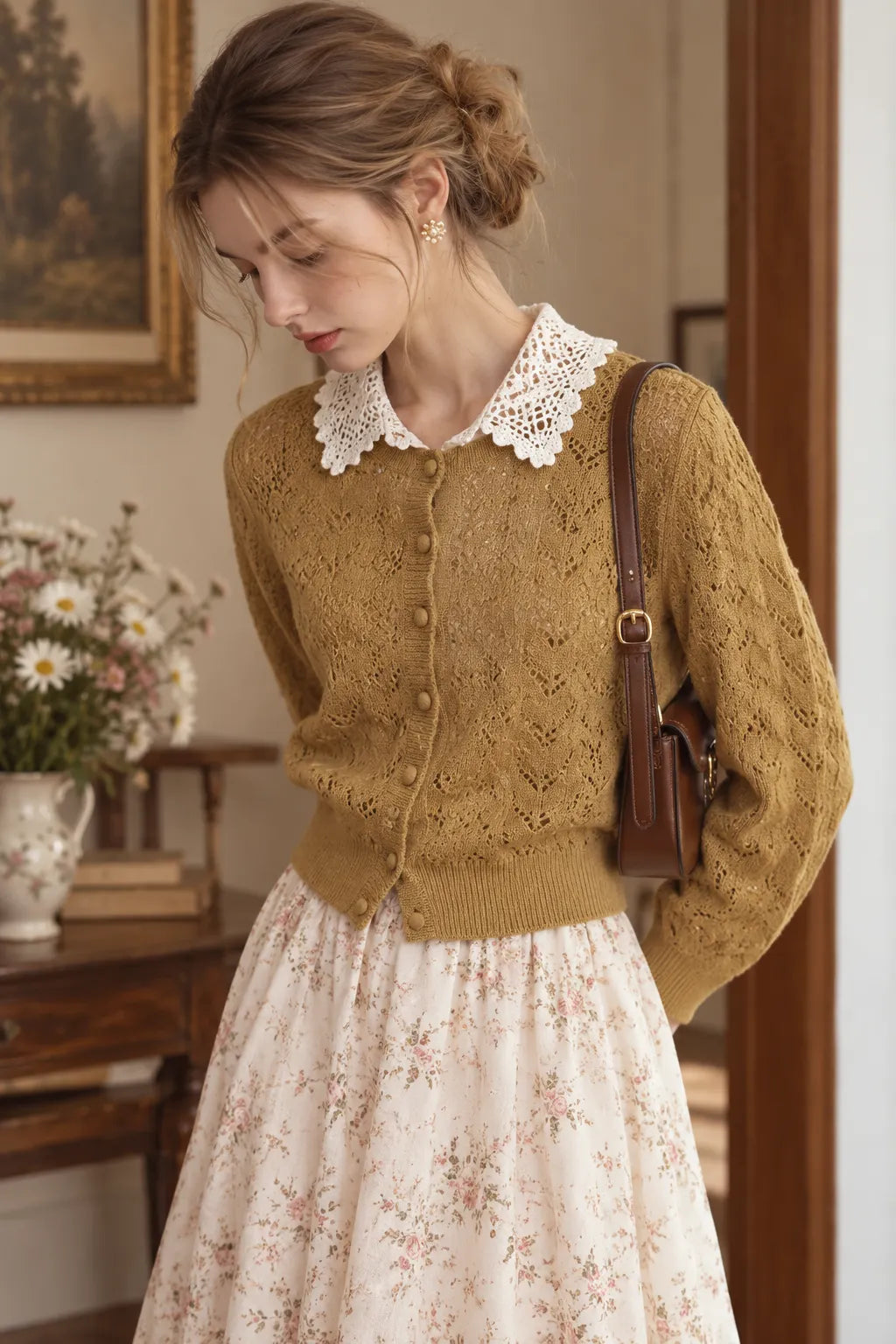Mustard Yellow Lightweight Pointelle Knit Straight, Slightly Cropped Cardigan Flowering Girl