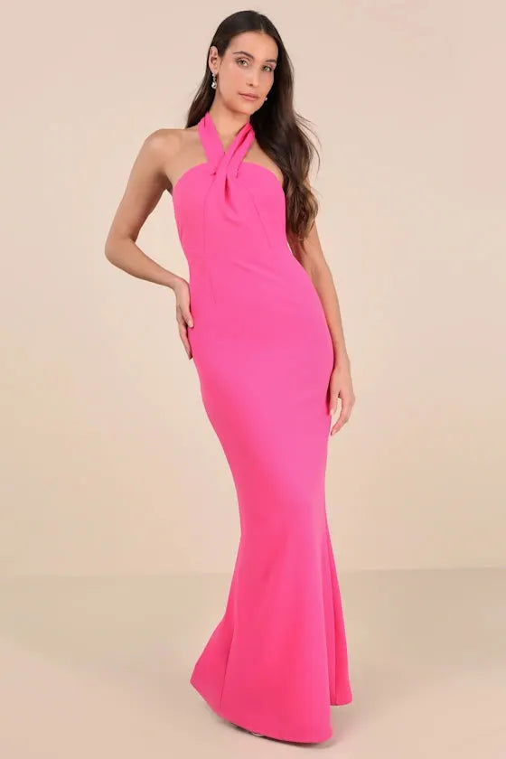 Mesmerizing Perfection Pink Halter Neck Backless Maxi Dress Flowering Girl