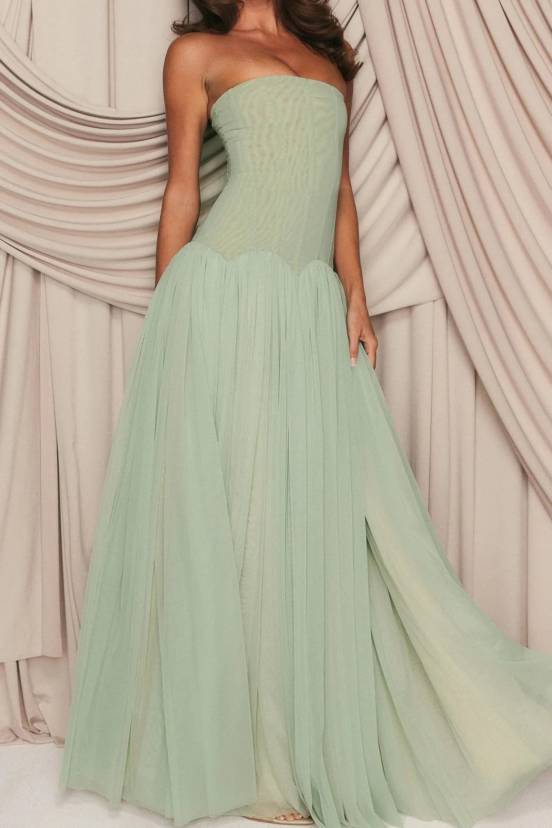 Sabrina Tulle Strapless Maxi Dress - Green Flowering Girl