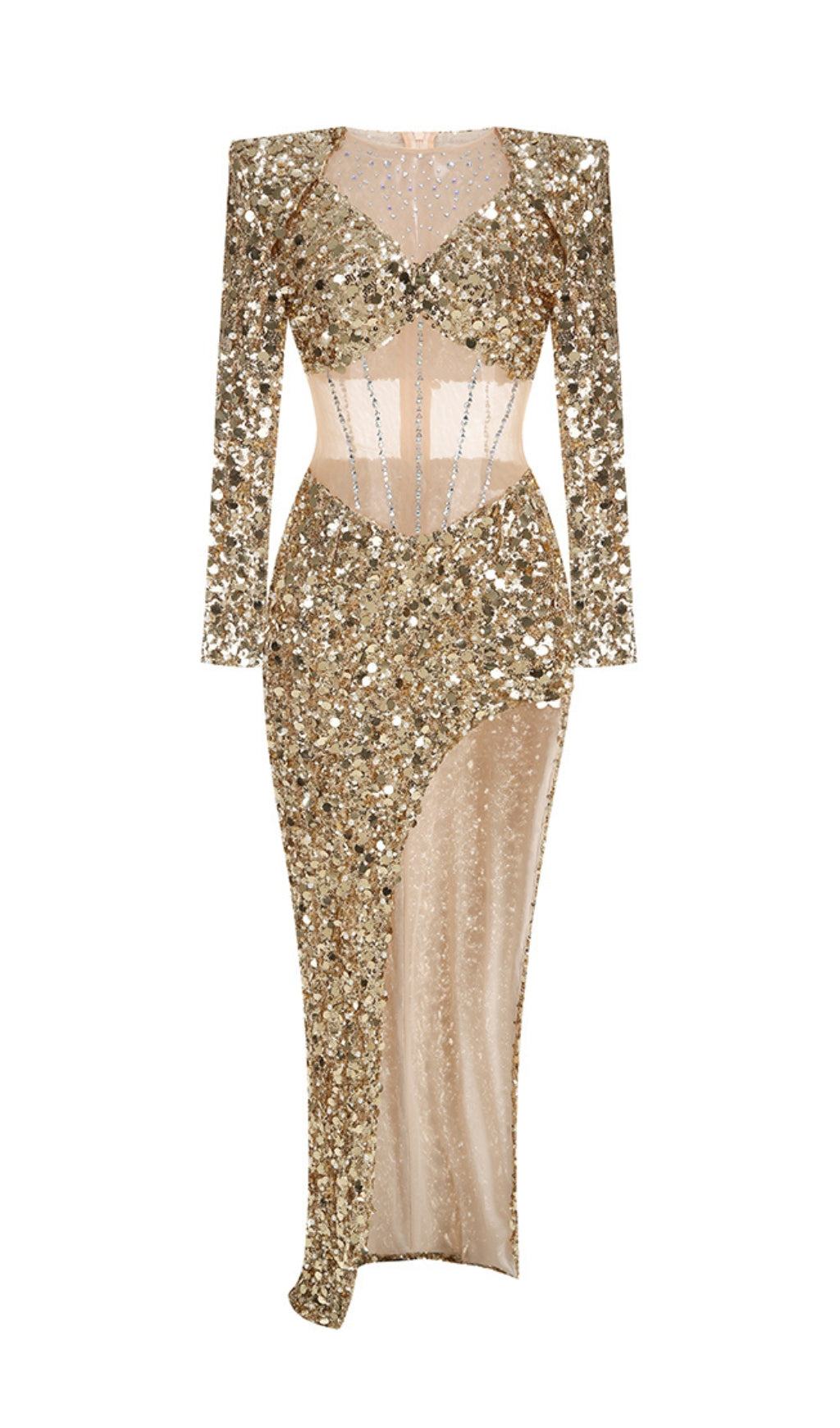 Sequin Long Sleeve Maxi Dress In Gold Flowering Girl