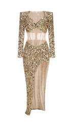 Sequin Long Sleeve Maxi Dress In Gold Flowering Girl