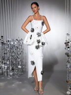 White Bodycon Midi Dress Bandage Elastic Sling With Handmade Flower Flowering Girl