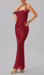 Jouncegrid Backless Rhinestone Maxi Dress In Red Flowering Girl