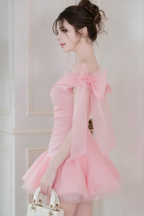 Ellen Off-Shoulder Mesh Tulle Tutu Mini Dress In Pink Flowering Girl
