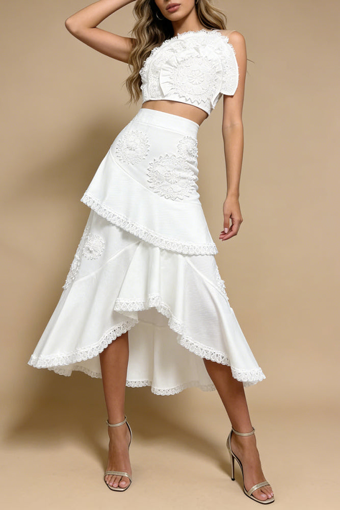 Nina Ruffled Strapless Top Floral Embroidered Mermaid Skirt Set - White Flowering Girl