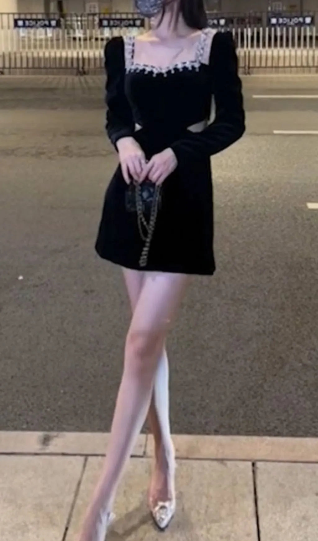 Square Neck Long Sleeve Velvet Mini Dress