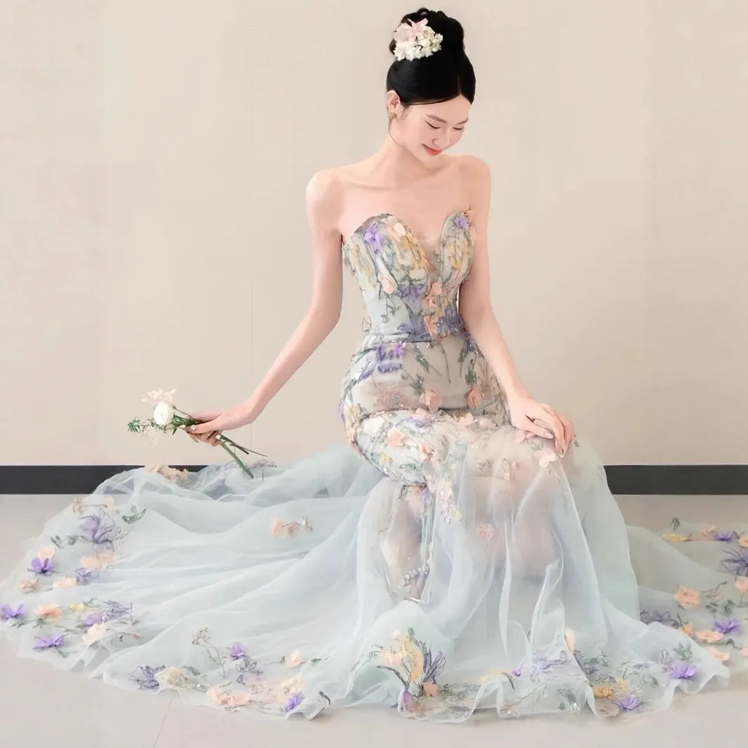 Strapless Pastel 3D Floral Tulle Mermaid Gown With Train Flowering Girl