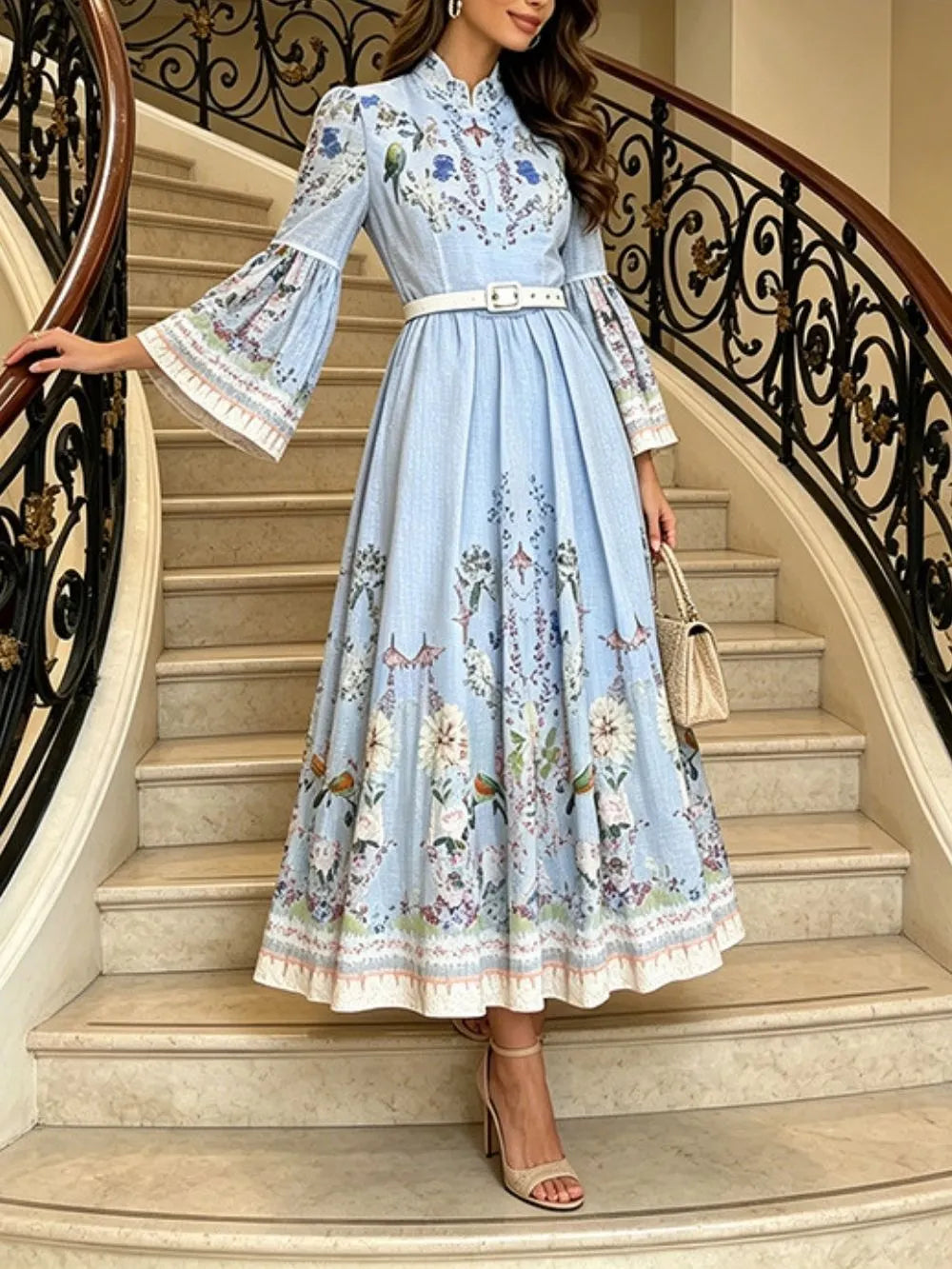 Marleigh Blue Long Sleeve Printed Midi Dress Flowering Girl