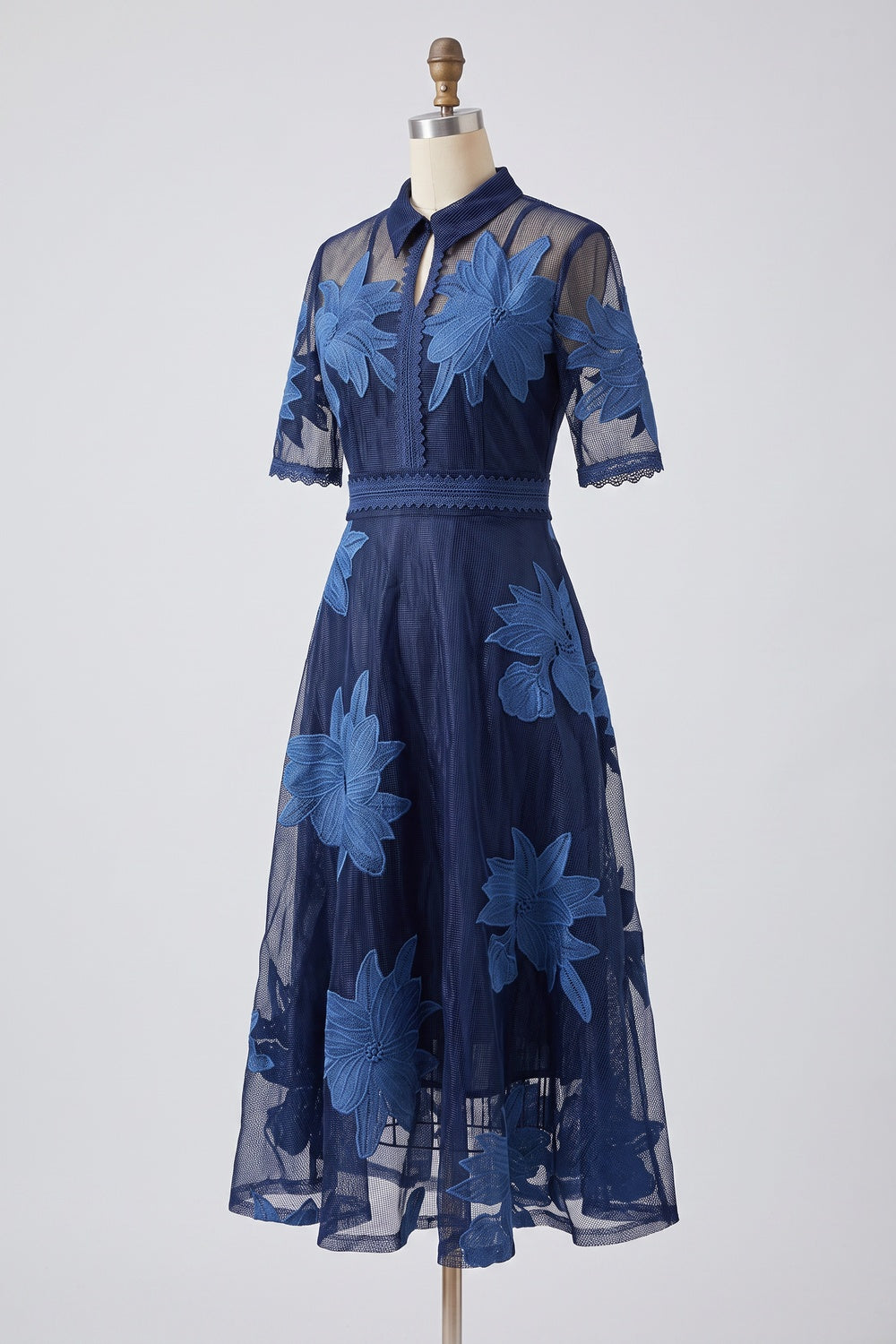Navy Blue Sheer Organza A-Line Midi Dress with Floral Embroidery Flowering Girl