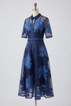Navy Blue Sheer Organza A-Line Midi Dress with Floral Embroidery Flowering Girl