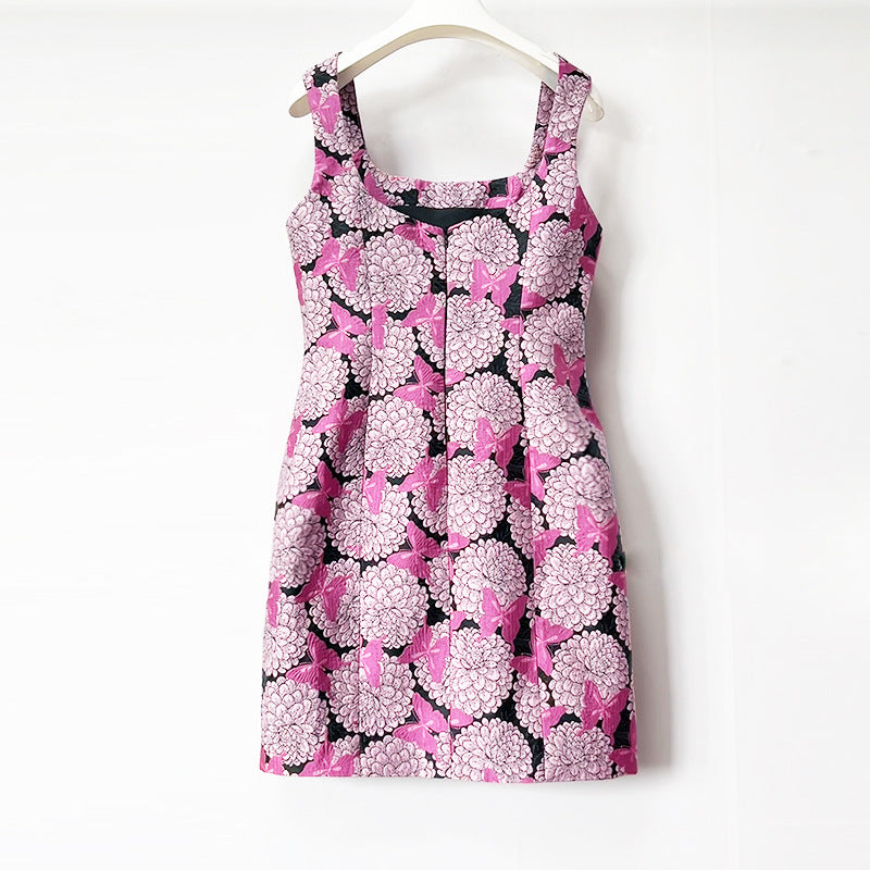 Square Neck Floral Butterfly Print Sleeveless Mini Dress Flowering Girl