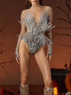 Ghada Long Sleeve Rhinestone Mesh Bodysuit Flowering Girl