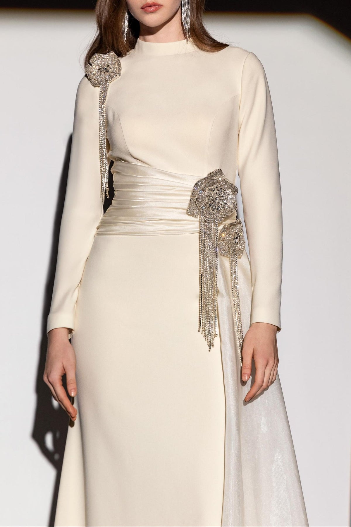 Crystal Flower Long-Sleeve Lace Pleated Maxi Dress In Apricot Flowering Girl