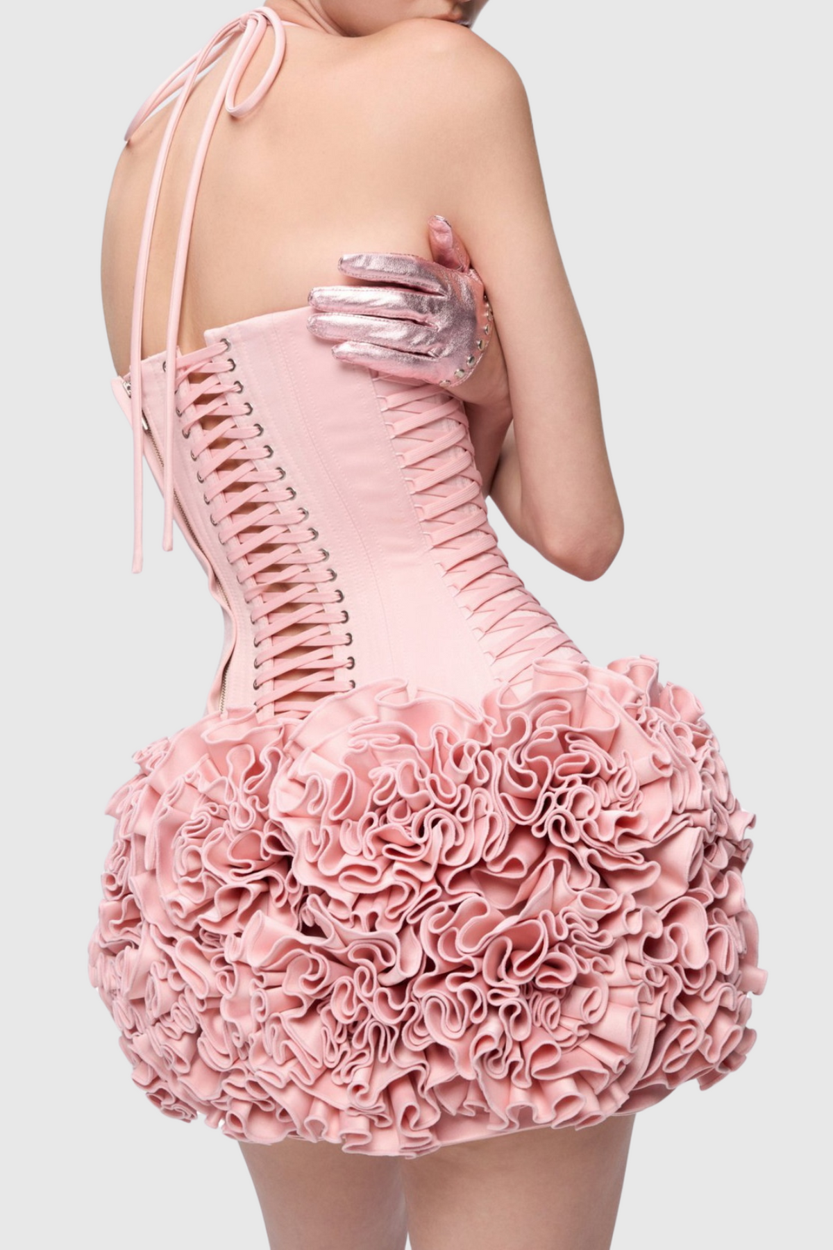 Cindia Floral Lace Up Corset Two Piece Set in Pink Flowering Girl