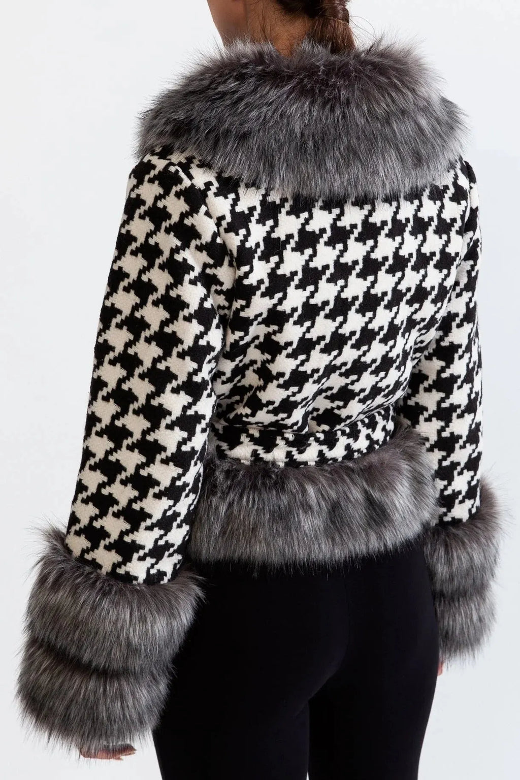 Natividad Houndstooth Wool Belted Coat With Fur Flowering Girl