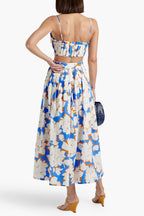 Pleated Floral-Print Linen Bustier Top Skirt Set In Blue Flowering Girl