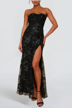 Sequin Print Strapless Bustier Maxi Dress In Black Flowering Girl