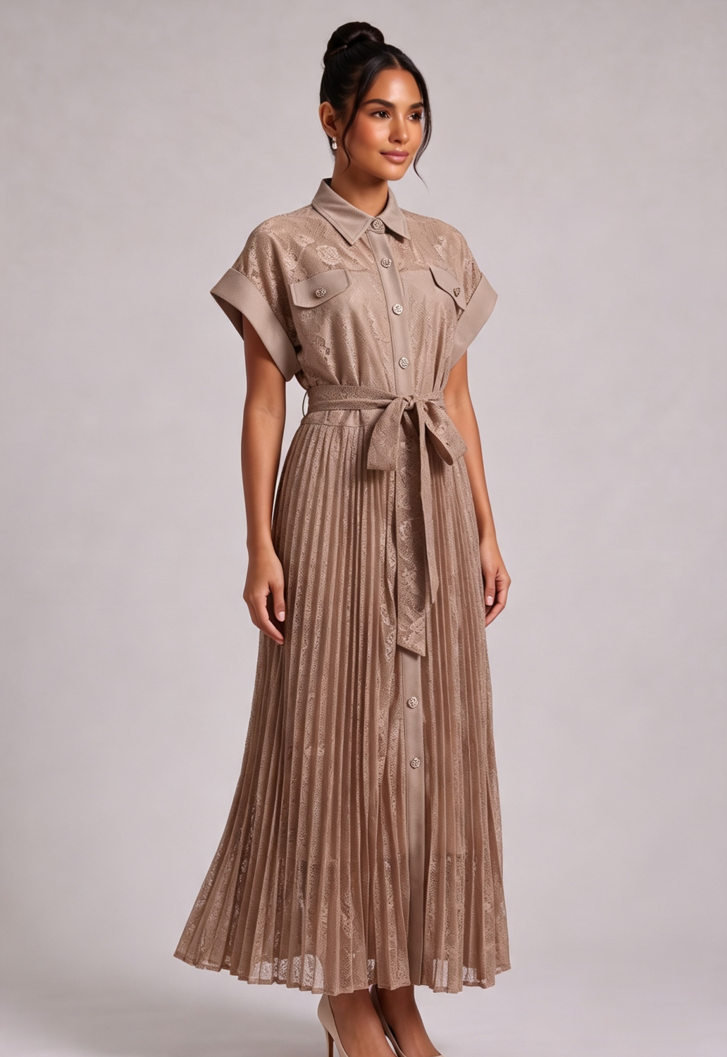 Lace Pleated Midi Shirt Dress With Waist Tie Flowering Girl