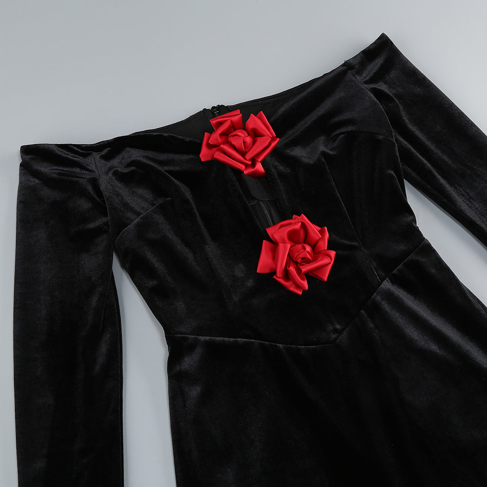 Brocade Black Long Sleeve Flower Velvet Maxi Dress Flowering Girl