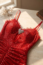 Red Sequined Mesh Bodycon Column Evening Gown Flowering Girl