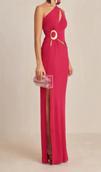 One-Shoulder Cutout Side Slit Maxi Dress In Magenta Flowering Girl