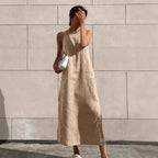 Cotton Linen Side Slit Strap Midi Dress Flowering Girl