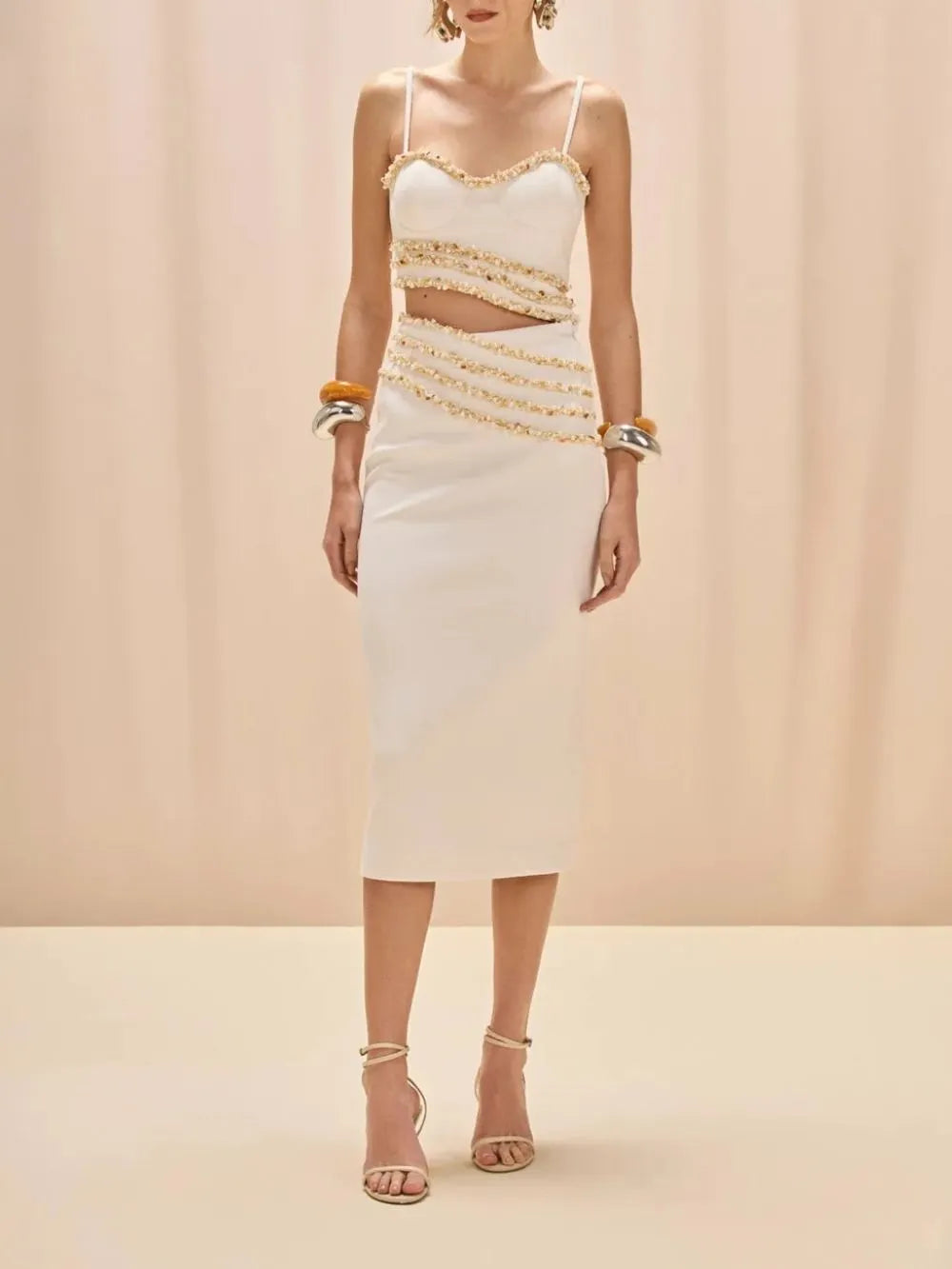 White Beaded Two-Piece Bodycon Set Flowering Girl