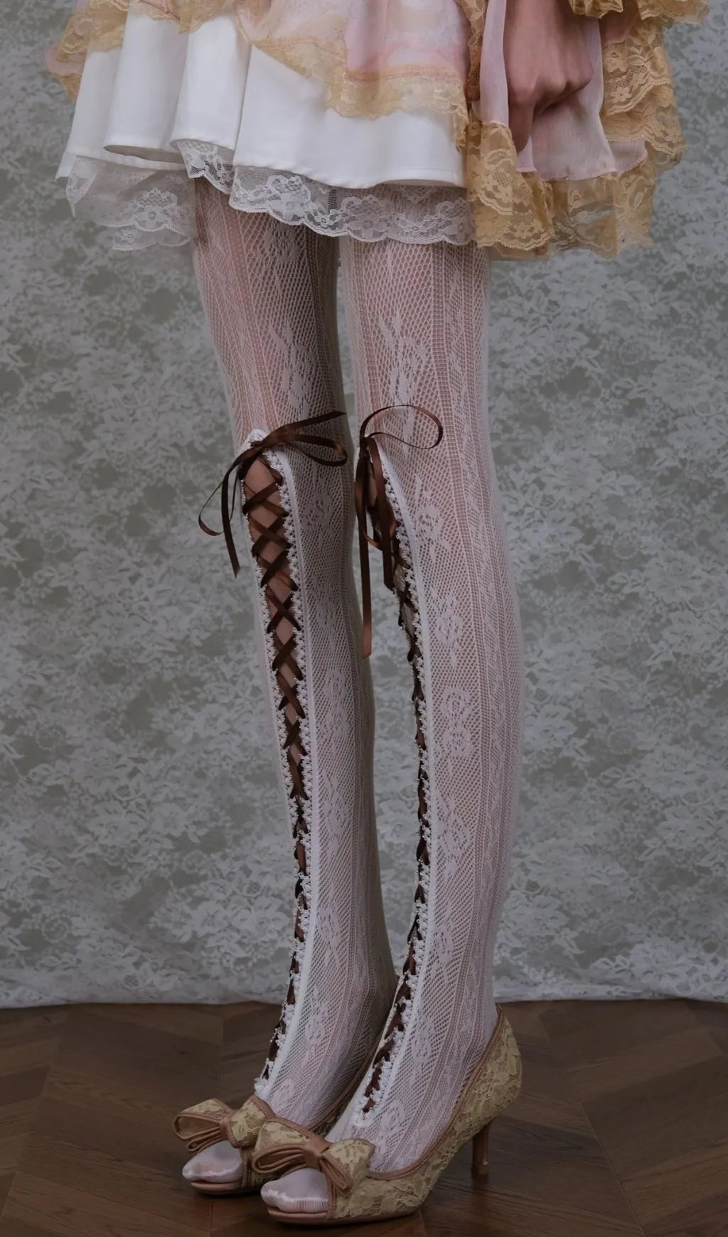 White Lace & Brown Lace-up Tights Flowering Girl