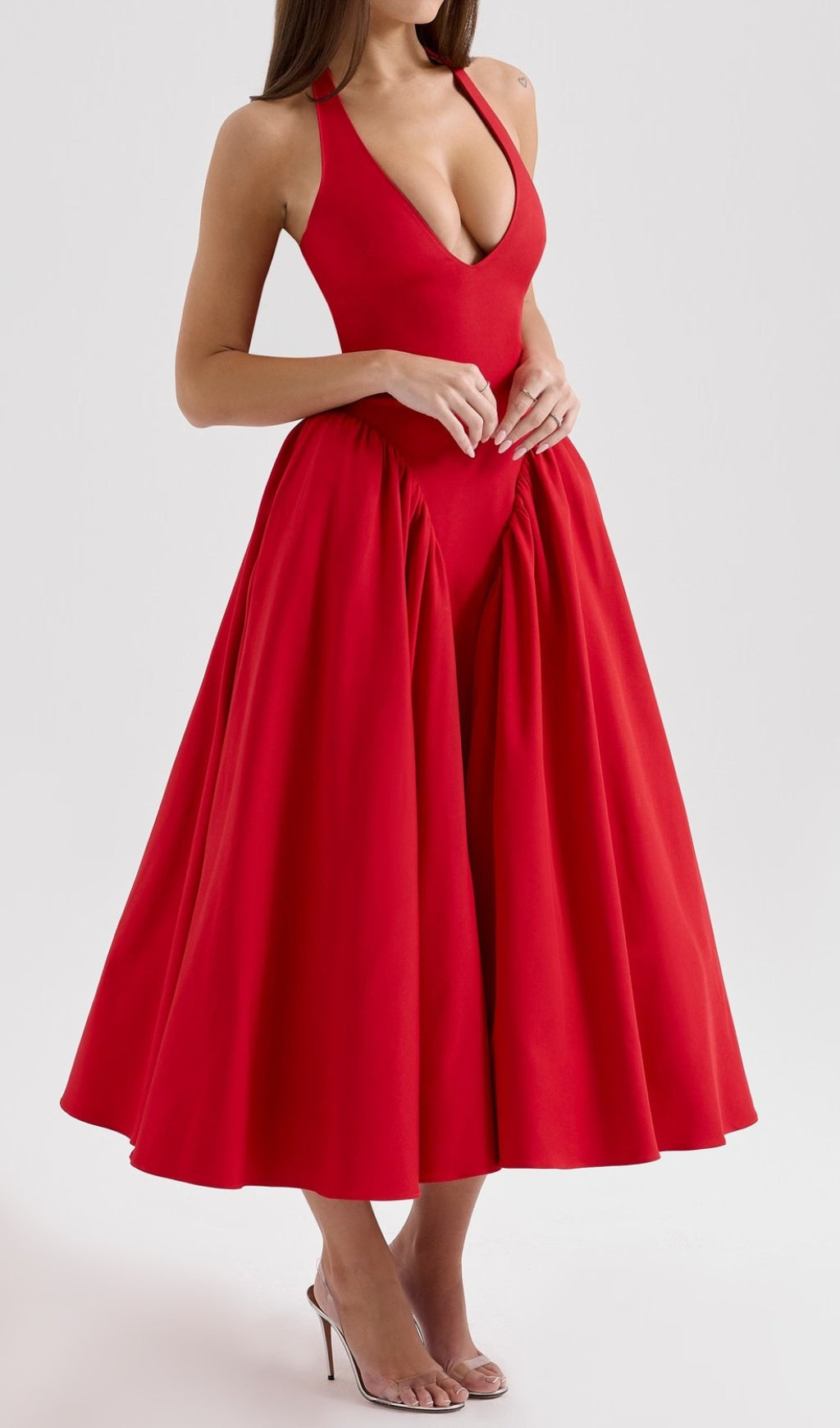 Dierdra Red Halter Midi Dress Flowering Girl