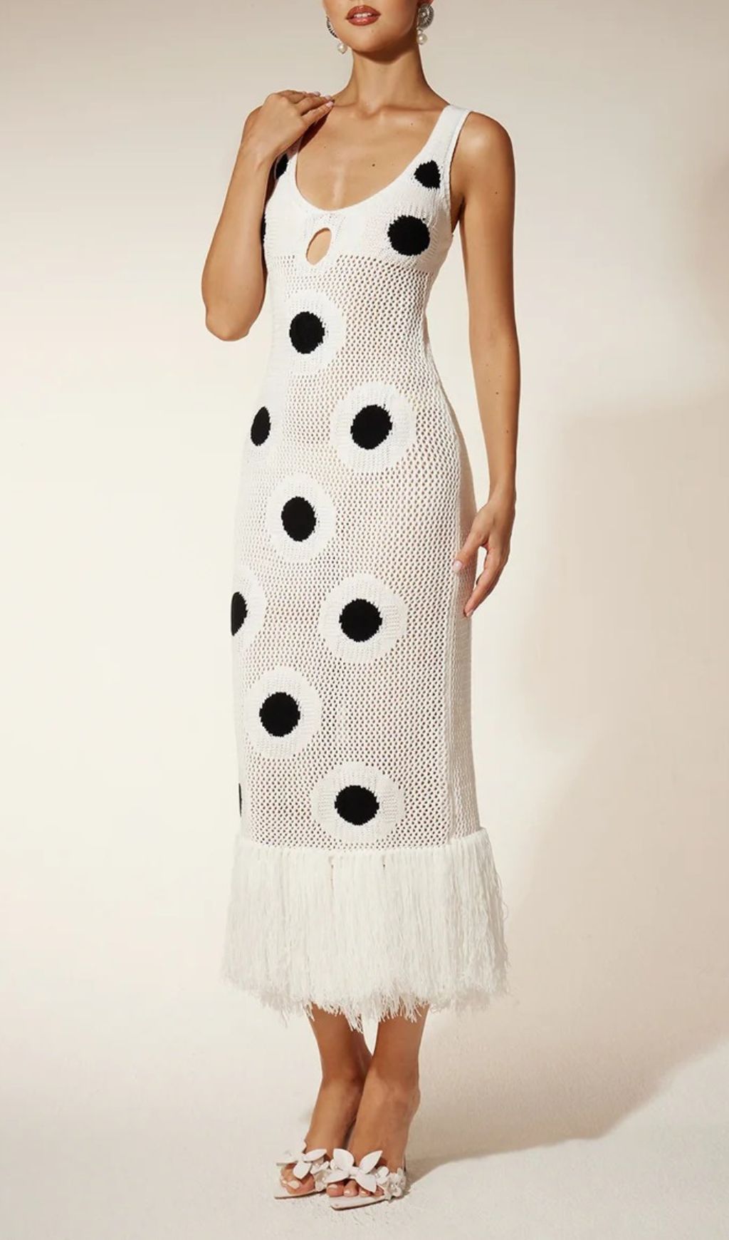 Gaelion Dot Fringe Knitted Midi Dress In White Flowering Girl