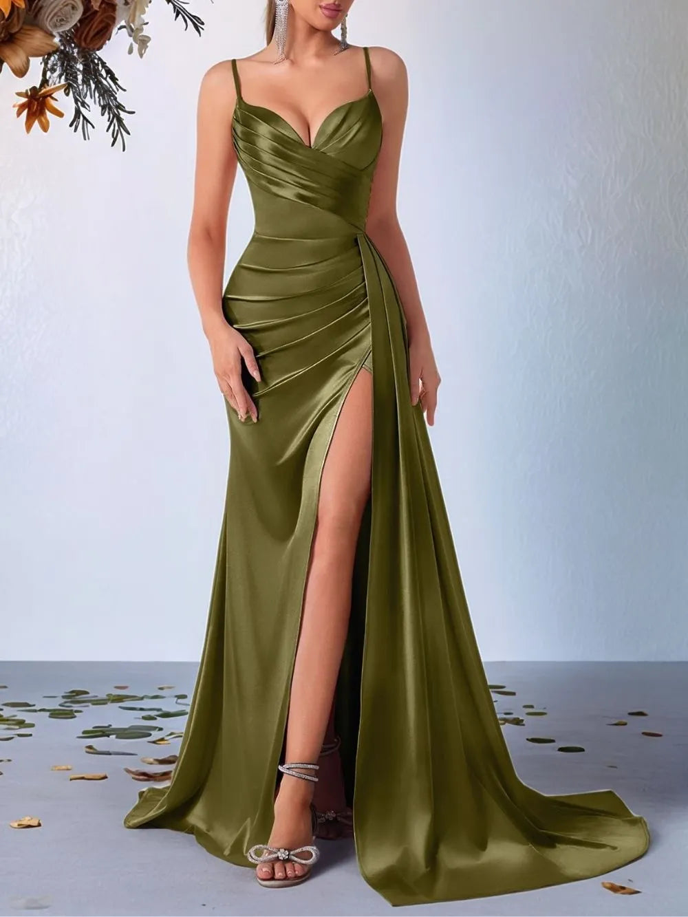 Makala Army Green Strappy Ruched Maxi Dress Flowering Girl