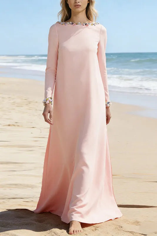 Blush Pink Long Sleeve Kaftan-Style Maxi Dress Flowering Girl