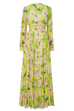 V-Neck Silk Printed Pleated Maxi Dress In Yellow Flowering Girl