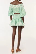 Off-Shoulder Floral Print Mini Skirt Set In Green Flowering Girl