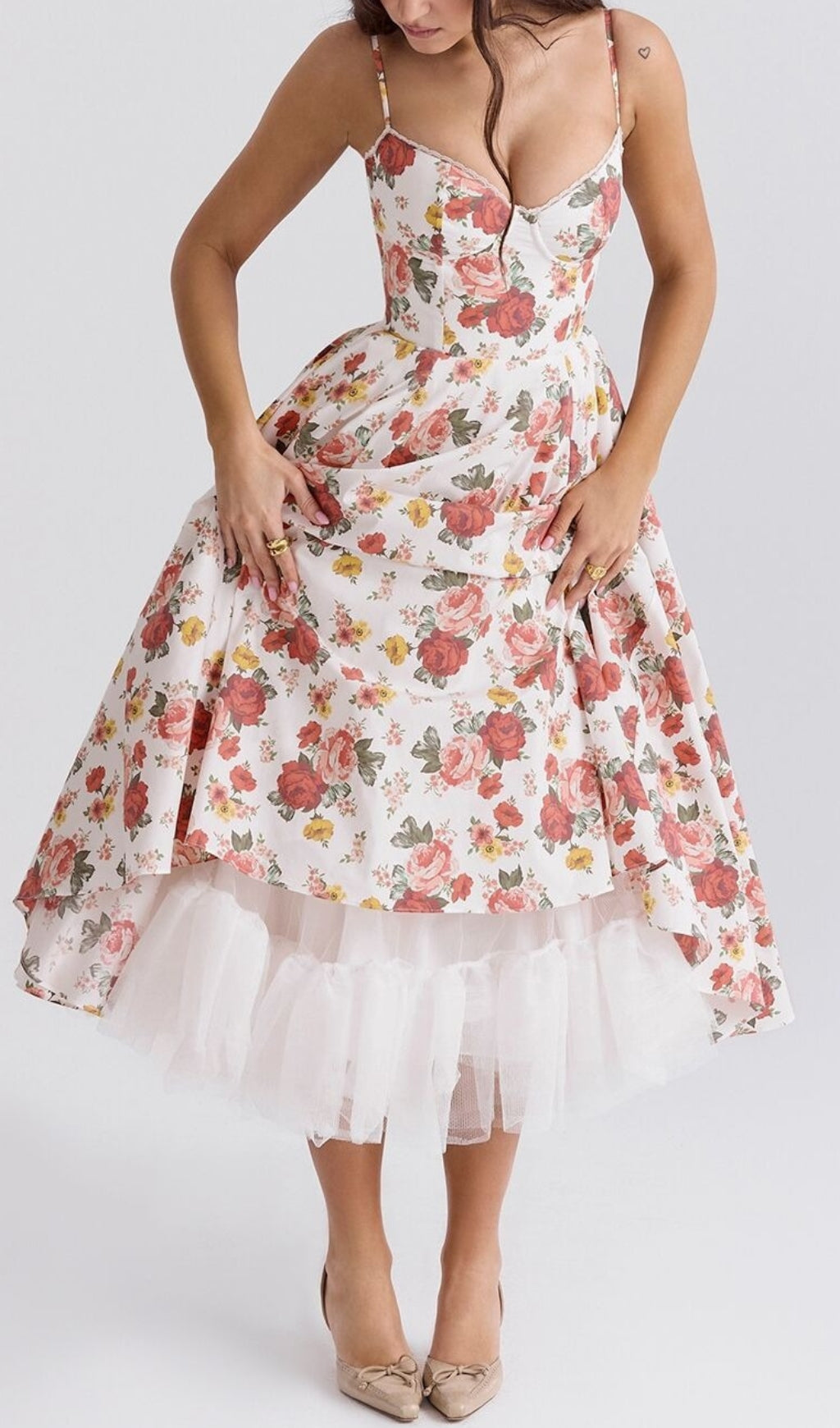 Aqua Rose Print Tulle Midi Dress Flowering Girl