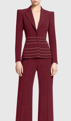 Sandy Trim Embellished Blazer & Pants Set - Wine Flowering Girl