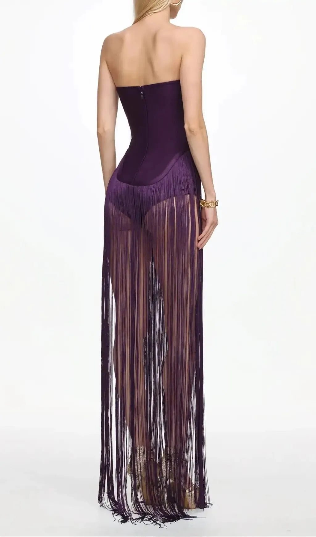 Helen Bodysuit Fringe Strapless Mini Dress In Purple Flowering Girl