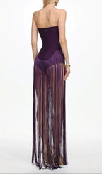 Helen Bodysuit Fringe Strapless Mini Dress In Purple Flowering Girl