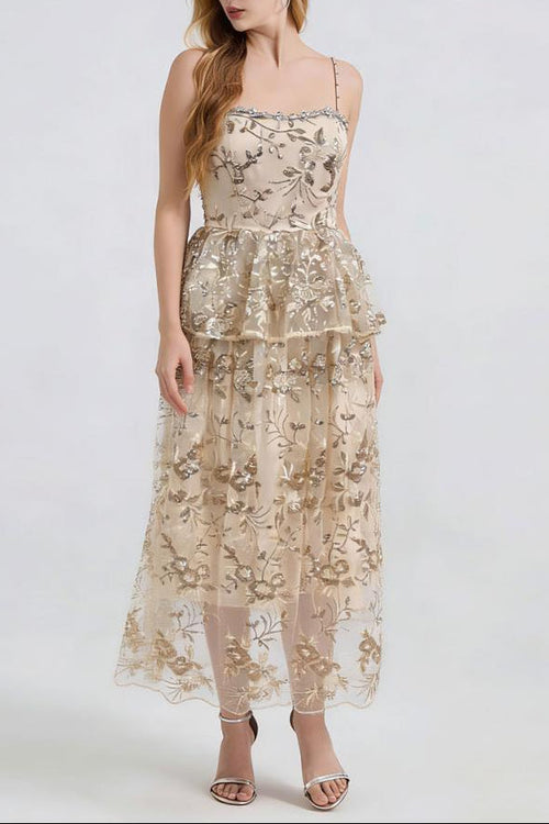 Ashley Gold Rhinestone Sequin Embroidery Layer Maxi Dress Flowering Girl
