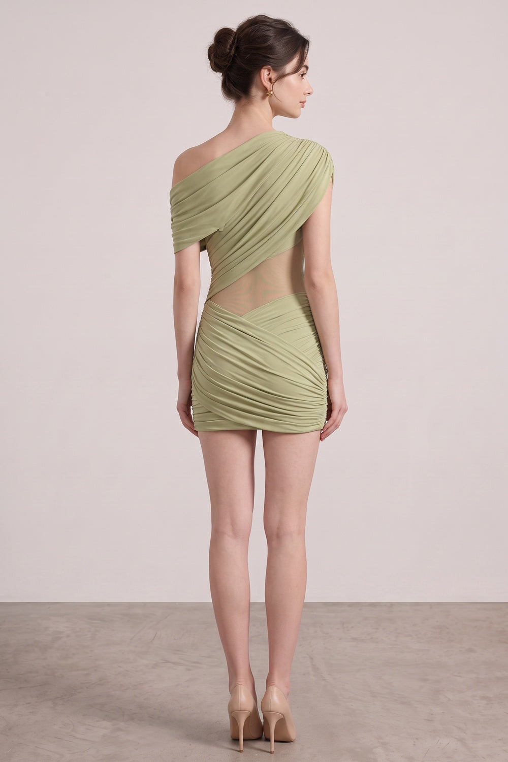 Sage Green Asymmetrical Draped Mini Dress Flowering Girl